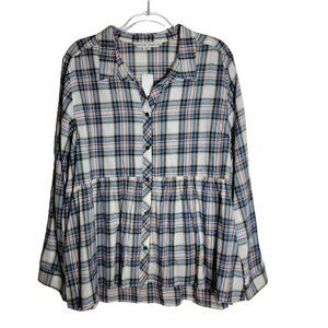 Vanilla Star Plaid Peplum Top Plus Size‎ 2X Long Sleeve Button Up High Low NWT
